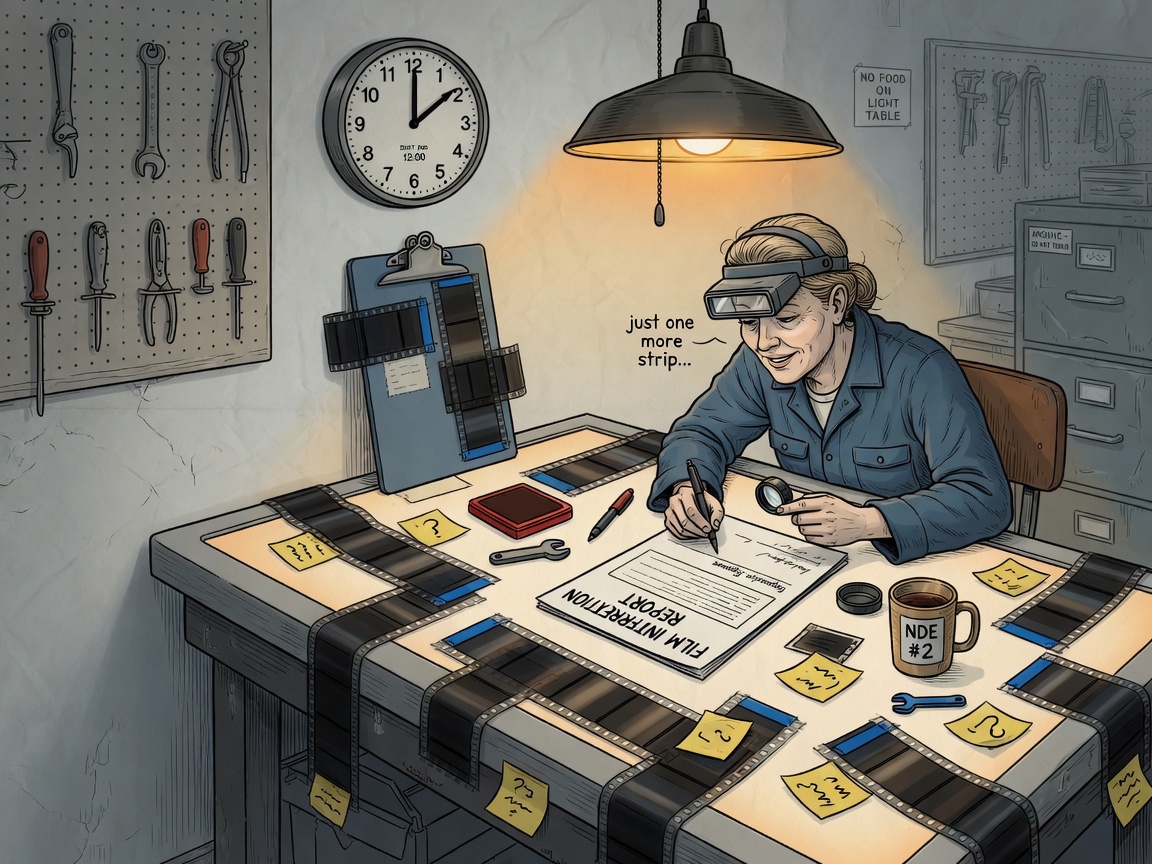 Inspector at a light table buried in film strips and an unsigned report.